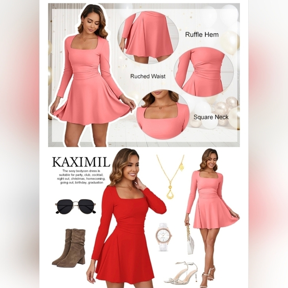 Kaximil Women's Square Neck Long Sleeve Mini Dress #670 - Picture 6 of 11